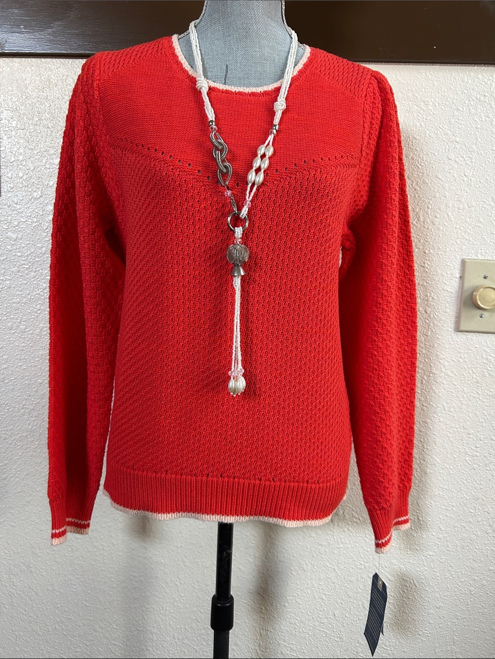 Democracy Red Crew Neck Sweater with Cream Trim